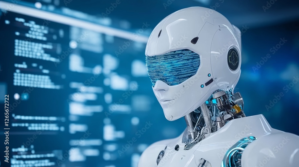 Poster robot with futuristic design working in a high-tech digital environment