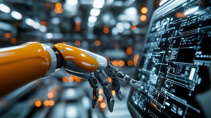 Robotic hand interacting with futuristic touchscreen in a high-tech environment