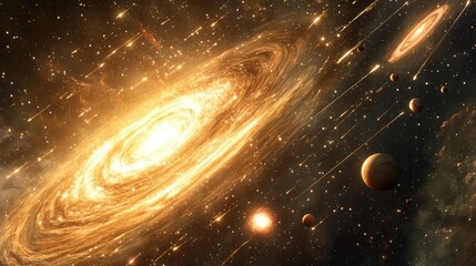 A stunning space illustration showcasing distant planets, meteor showers, and a vivid interstellar nebula.