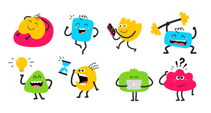 Vector set of cartoon illustration of cute happy smile geometric character with laptop, light bulb, phone, clock and barbell. Flat style child doodle design of different abstract kid character set