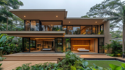 Fototapeta premium Modern house, tropical garden, nighttime, bedrooms visible, architectural design