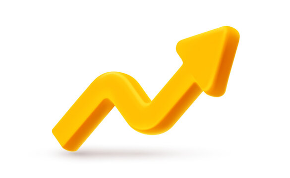 Vector financial realistic illustration of business arrow target growth up icon on white background. 3d cartoon style design of golden arrow graph. Graph of success strategy for bank banner