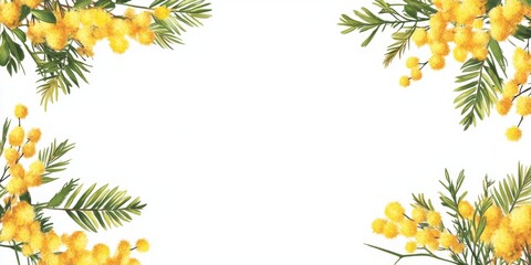 A tree branch with yellow flowers and green leaves on white