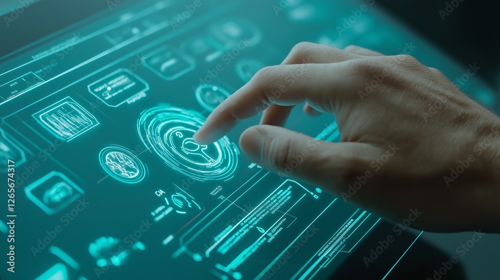 Poster interactive technology interface shows user engaging with digital controls in a modern workspace