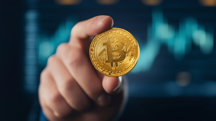 Individual holding a Bitcoin coin in front of fluctuating cryptocurrency graphs in a modern workspace