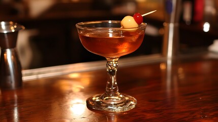 Classic Cocktail Glass with Maraschino Cherry and Olive Garnish