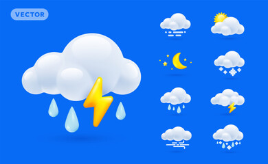 Vector illustration of different weather icon with thunder, rain, sun, half moon and snow cloud. 3d cartoon style forecast weather design of icon set of rainy cloud with thunder, snow, moon, sun