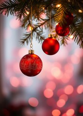 Fototapeta premium Christmas balls hanging fir branches with lights in abstract defocused background bokeh red bokeh abstract background glow design light texture effect sparkle