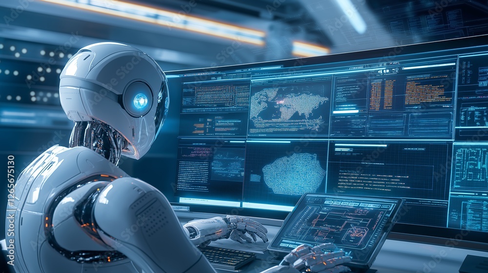 Poster robot interacts with advanced technology in futuristic control room setting