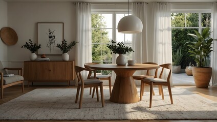 Bright dining room with wooden furniture, round table, sideboard, and natural light