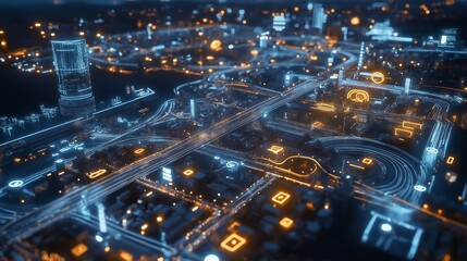 Futuristic cityscape at night showcasing vibrant neon lights and technology