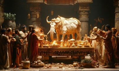 Golden Calf Worship Scene Depicting Idolatry in Religious Historical Context with Ornate Gold Decorations and Sacred Ritual Elements, Generative AI