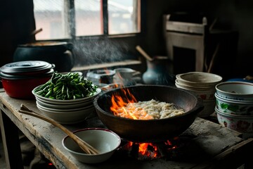 Cooking food in rustic kitchen with smoke and fire, cozy setting. Possible editorial use