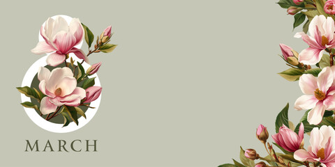 International Women's Day, March 8th greeting card. Vector illustration with blooming magnolia.