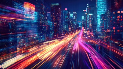 Fototapeta premium A vibrant cityscape with colorful neon streaks illuminating the streets, evoking speed and motion.