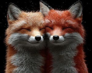Obraz premium Two foxes with closed eyes, nestled together in a snowy setting.
