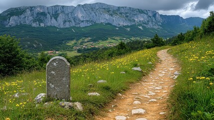 Mountain path through wildflowers, stone marker, valley vista