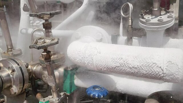 Liquid nitrogen is flowing in rigid pipeline during transfer process. It is very super cooling temperature, cause iced frost on the pipeline surface. Industrial 4k footage.
