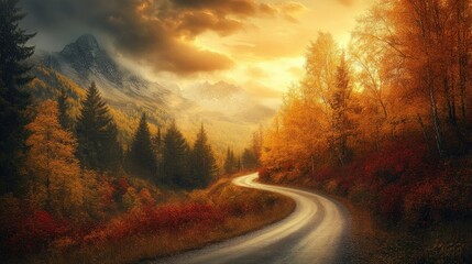 Fototapeta premium A winding road cuts through a breathtaking autumn forest, lined with golden and red foliage under a stunning sky.