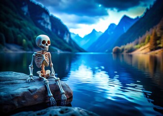 Cute Spooky Skeleton Toy on Blue Lake - 3D Rendered Stock Photo