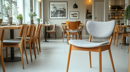 Modern restaurant interior, empty chair, light wood tables, minimalist design, calm atmosphere, ideal for website or menu