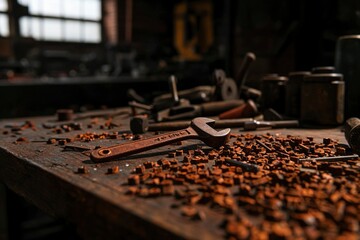 Wrench on workbench, scattered debris, in a vintage workshop; for tools ads