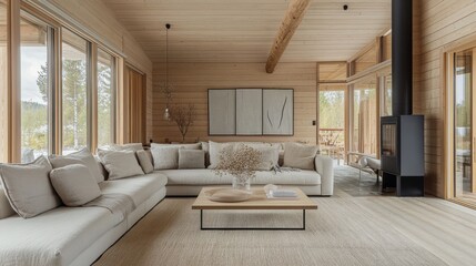 Obraz premium Light wood modern living room featuring neutral tones and fireplace