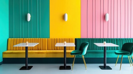 Art decoinspired twostory restaurant with gold accents, geometric patterns, and luxurious velvet upholstery