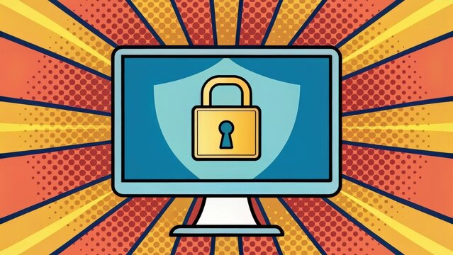 a computer monitor with a padlock on a shield, surrounded by bright orange and yellow comic book-style radial lines and halftone dots