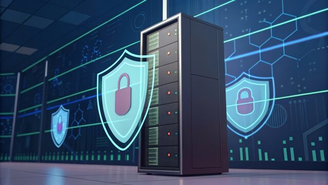 server rack with digital security shield icons.  The image depicts a modern server room with a focus on data protection and cybersecurity