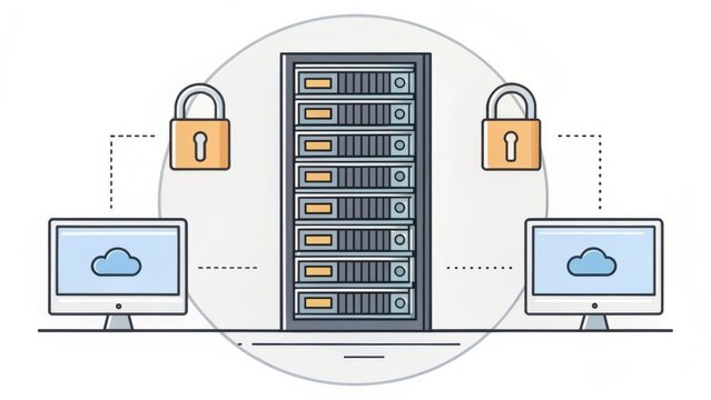 a simple illustration depicting secure data transfer between two computers to a secure server in the cloud.