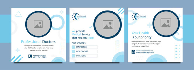 Medical and healthcare square banner template design. Dental care social media post. White background with blue shape. Suitable for social media post, and web ads.