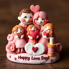 Obraz premium Family figurine celebrating Happy Love Day with hearts and flowers in a playful style