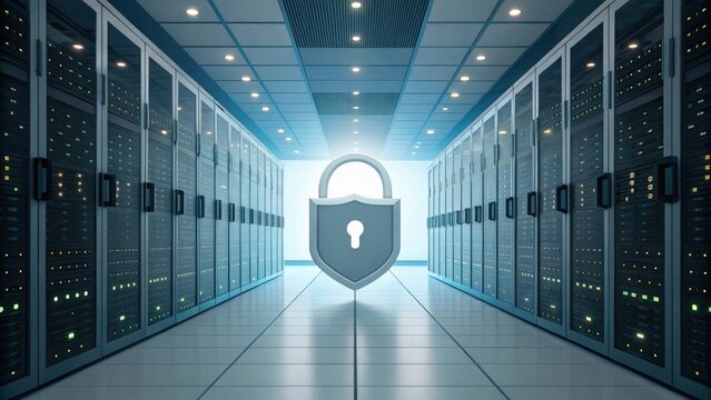 Server room security, data protection, digital security, padlock, cybersecurity, data center, server racks, technology, network security, information security, IT security, internet security.