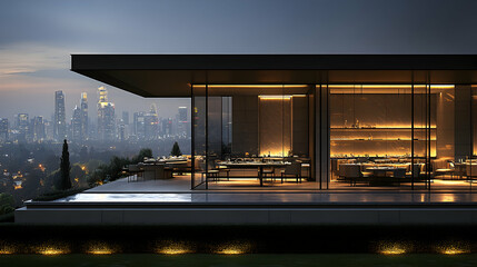 Modern rooftop restaurant overlooking city skyline at dusk; ideal for luxury dining, architecture, and real estate marketing