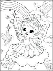 Black and white fairy coloring pages for kids. Children's coloring books with cute cartoon fairy characters, fun and educational materials for kindergarten.
