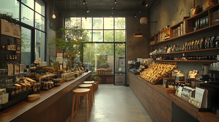 Modern shop interior, shelves stocked, sunlight through windows, urban setting, retail