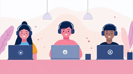 Three friendly customer service representatives focused on their laptops, assisting customers remotely.