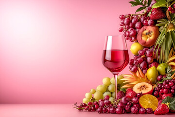 A glass of red wine is surrounded by a variety of fruits, including grapes, oranges, and strawberries. Concept of abundance and indulgence, as the wine and fruit are displayed in a visually appealing