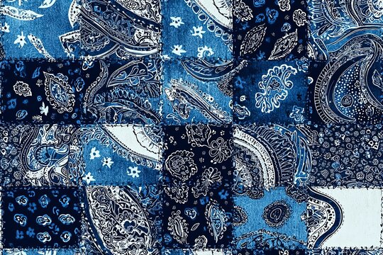 Blue bandana kerchief paisley fabric patchwork abstract seamless pattern.