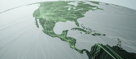 Global network connections on a 3D world map.