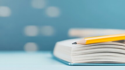 A close-up of an open book with a yellow pencil resting on its pages, set against a soft blue background, This image is perfect for educational materials, book promotions, and creative writing topics