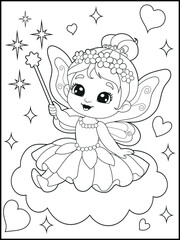 Black and white fairy coloring pages for kids. Children's coloring books with cute cartoon fairy characters, fun and educational materials for kindergarten.
