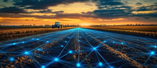 Smart farming technology connecting fields at sunset.