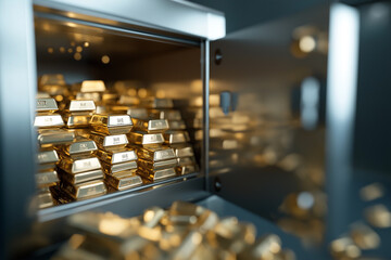 Gold bars stacked inside a secure vault showcasing wealth and investment opportunities in a financial center