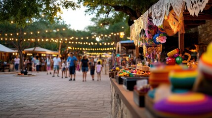 Fototapeta premium mexican street market, a vibrant outdoor market selling mexican crafts and souvenirs under string lights, with families enjoying the festive atmosphere