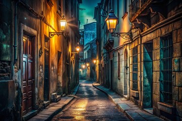Fototapeta premium Dark City Alleyway at Night - Atmospheric Cityscape Stock Photo