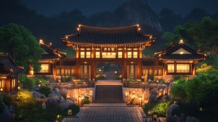 Obraz premium Illuminated traditional korean gate entrance stands against a mountain backdrop