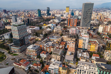 Aerial drone view of Tirana, Albania, showcasing its urban landscape