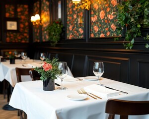 Elegant Victorianstyle twostory restaurant with floral wallpapers, crystal chandeliers, and antique furnishings